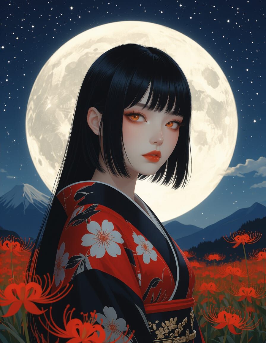 Beautiful Japanese Woman in Kimono Under Moonlight