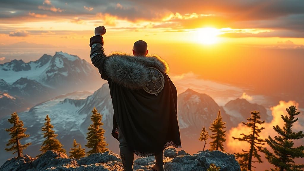 Viking King Triumphs Over Majestic Mountain Landscape