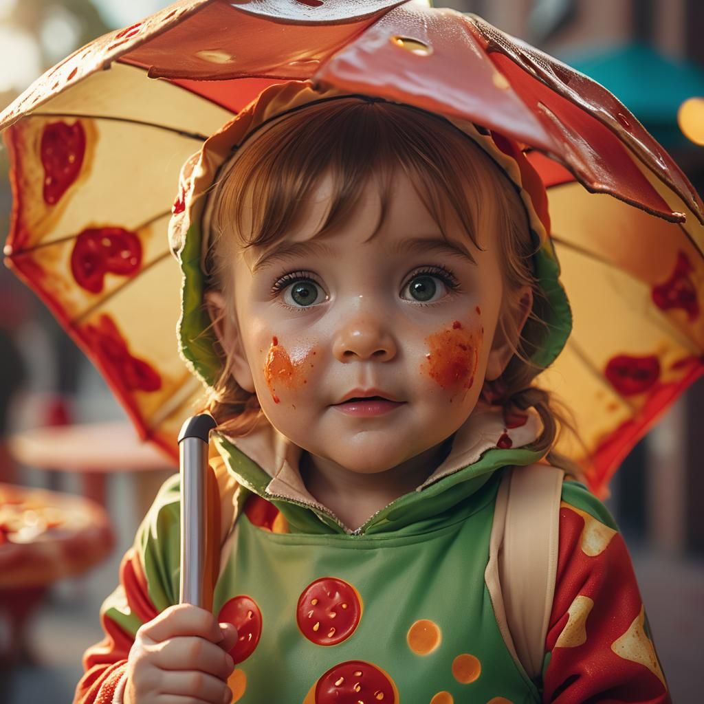 Baby Girl in Pizza Costume: Cinematic Portrait