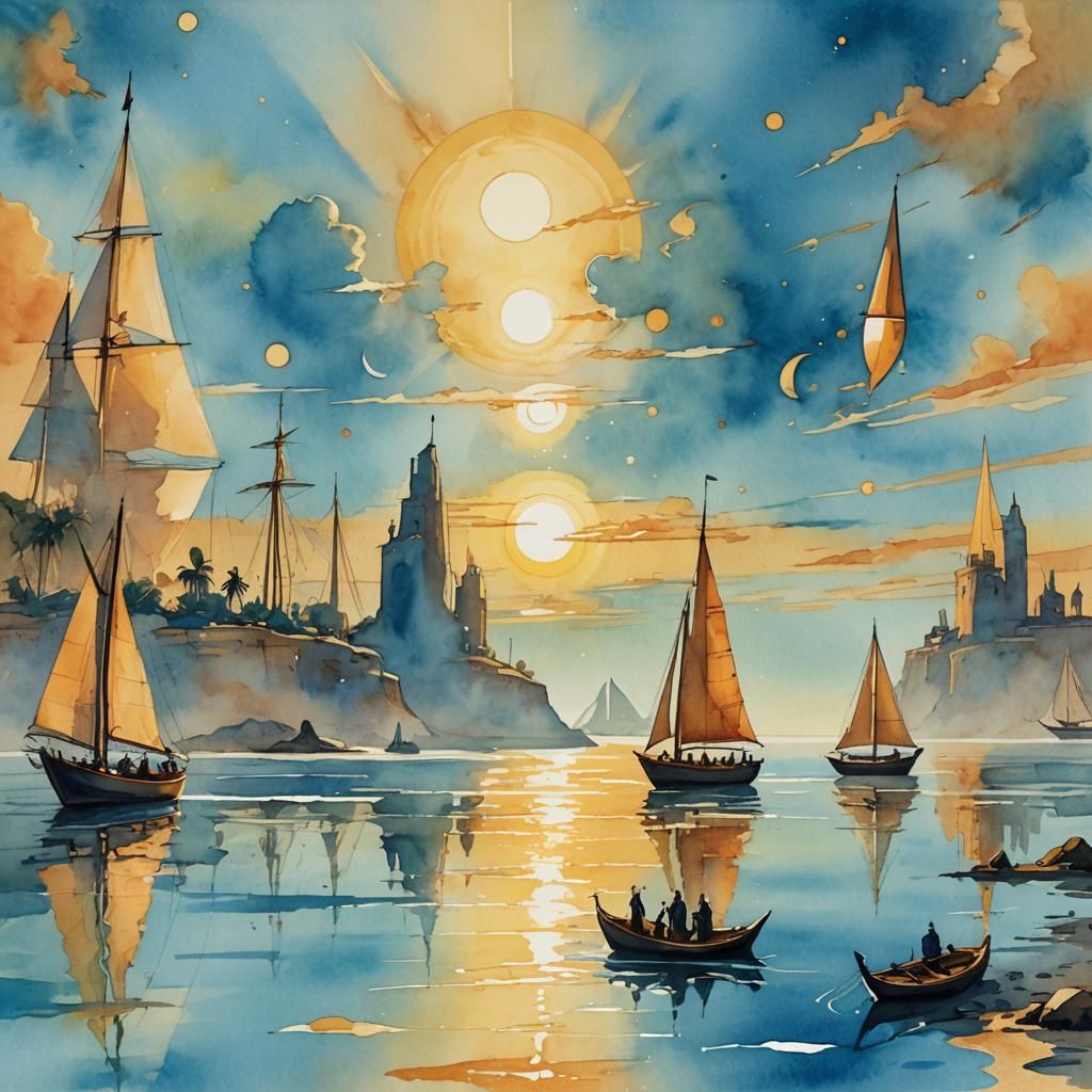 Surreal Planet Floats Above Golden Sailboats