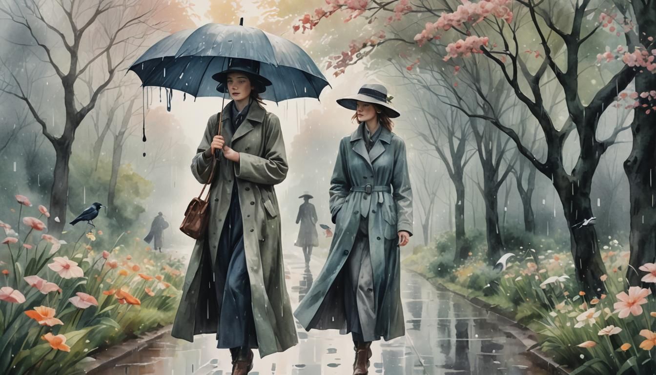 Woman in Rainy Fantasy Landscape: Watercolor Dreamscape