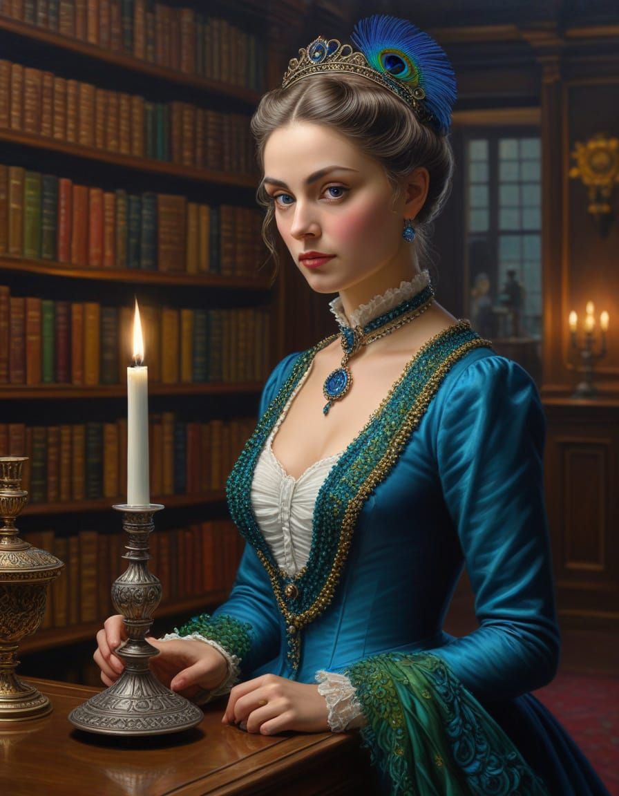 Elegant Mrs. Peacock Investigates in a Dark Library Setting