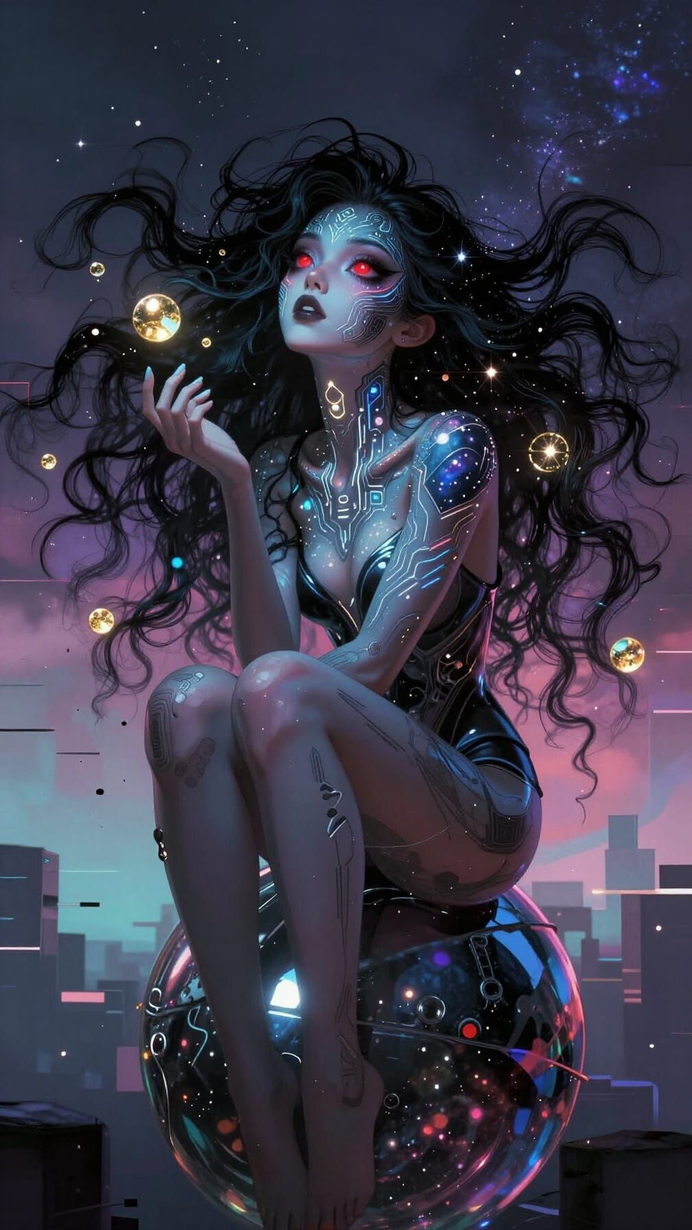 Cosmic Woman Dissolving into Starry Mist on Sphere