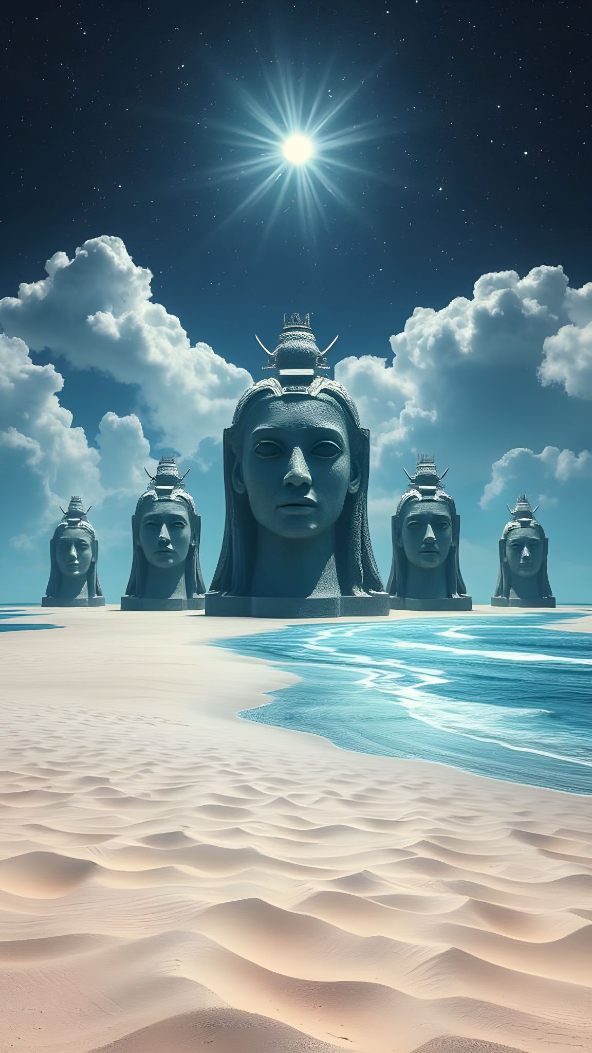 Majestic Celestial Landscape with Floating Statues and Glowi...