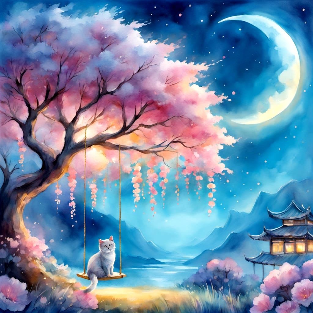 Dreamy Chinese Landscape with a Whimsical Cat Swing