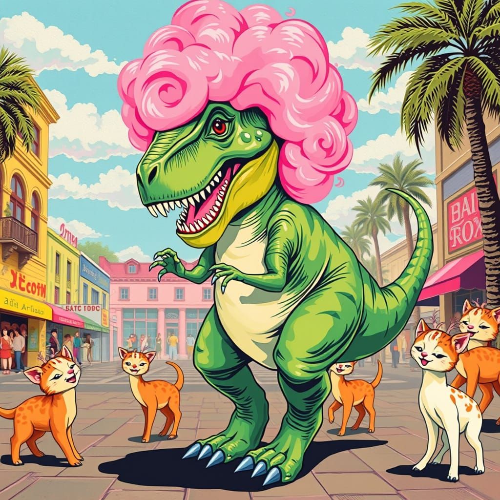 Dancing T-Rex with Kittens in Pop Art Style