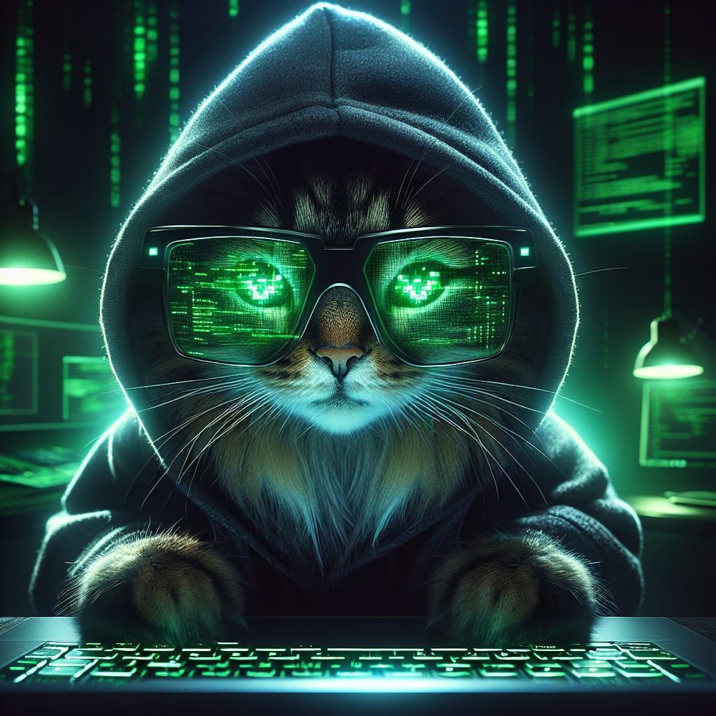 Hyper-Realistic Cat Hacker in Cyberpunk Style