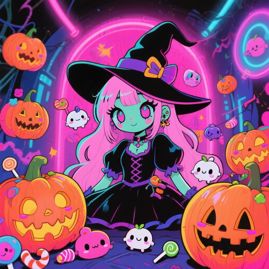 Neon Halloween: Pastel Goth Witch in Kawaii Style