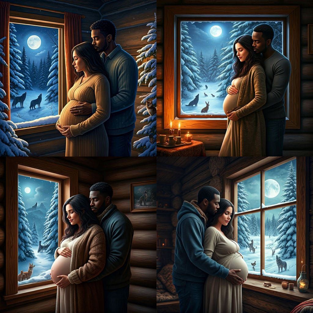 Couple Embraces in Snowy Cabin with Wildlife