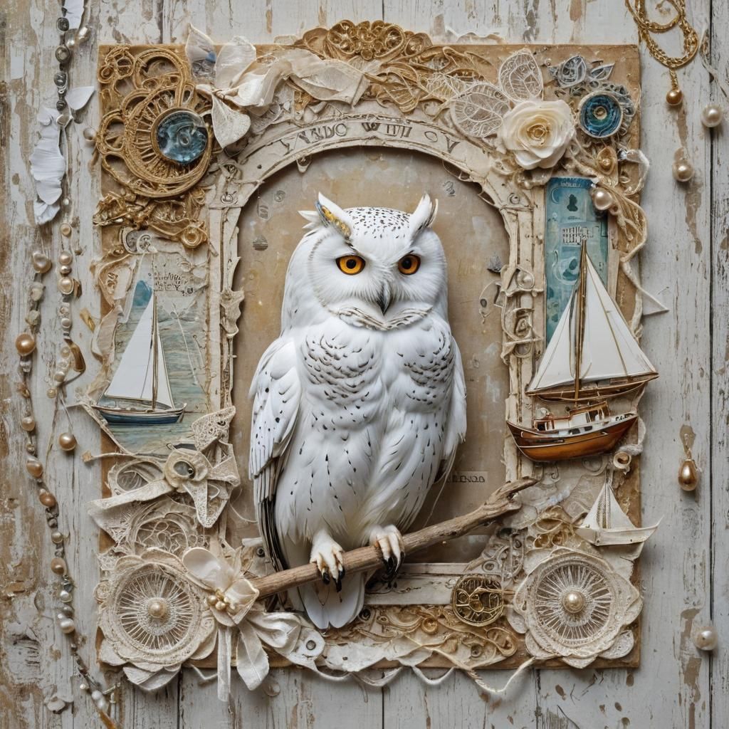 Ethereal White Owl on Vintage Sailboats at Sunrise