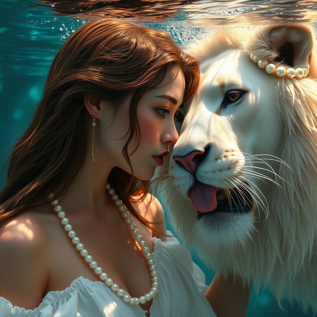 Underwater Portrait of Woman and Lion in Hyperdetailed Style