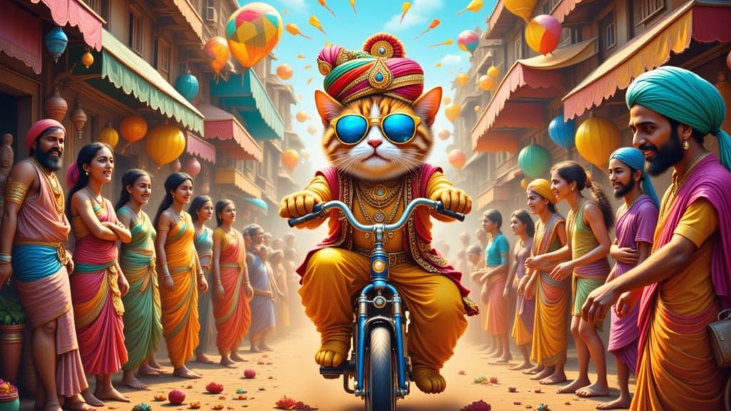 Majestic Cat Maharaja Rides Rainbow Bicycle