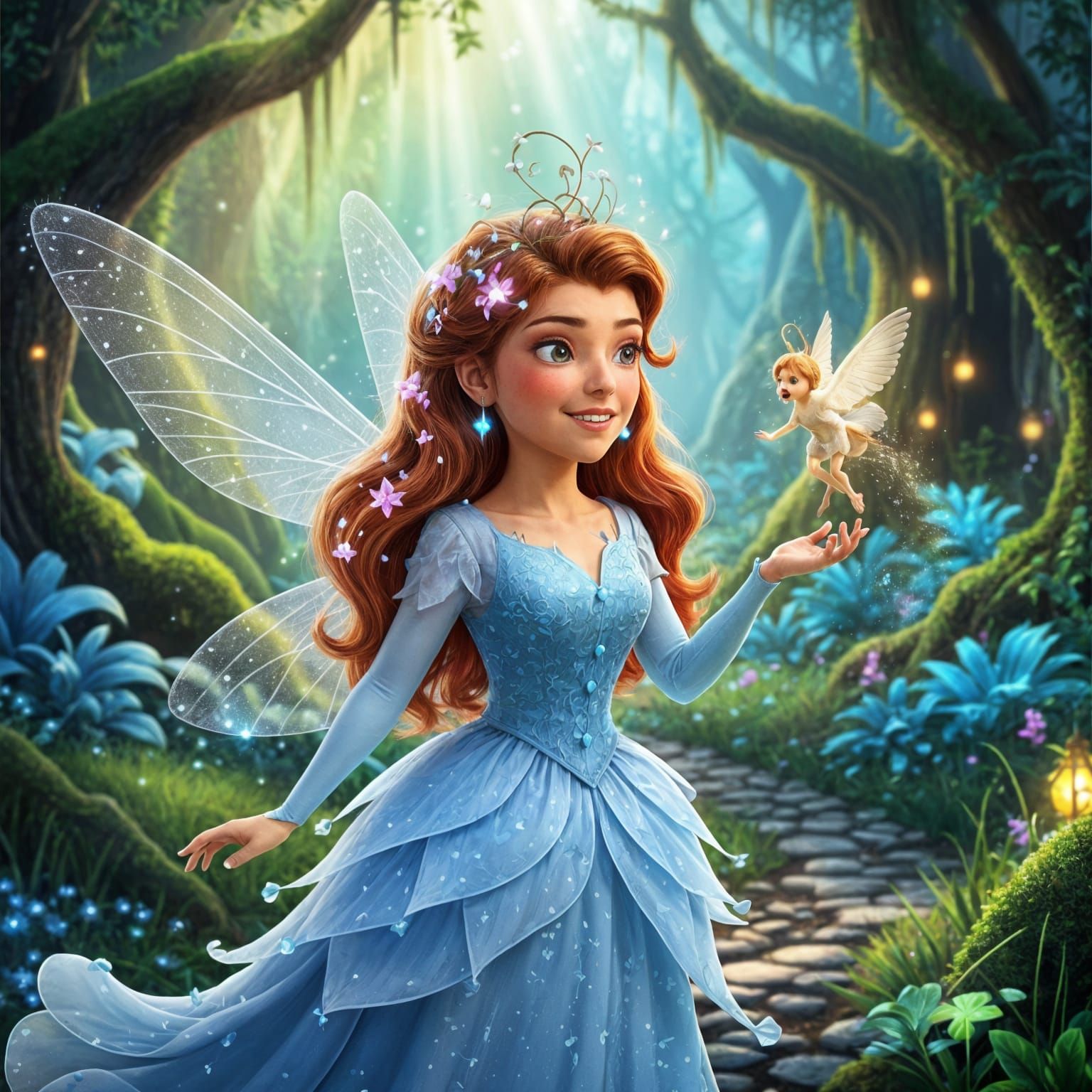 Pixar-Style Fairy Princess with Red Hair in Enchanted Forest