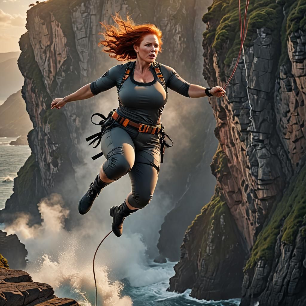 Redhead Woman Bungee Jumping at Sunrise