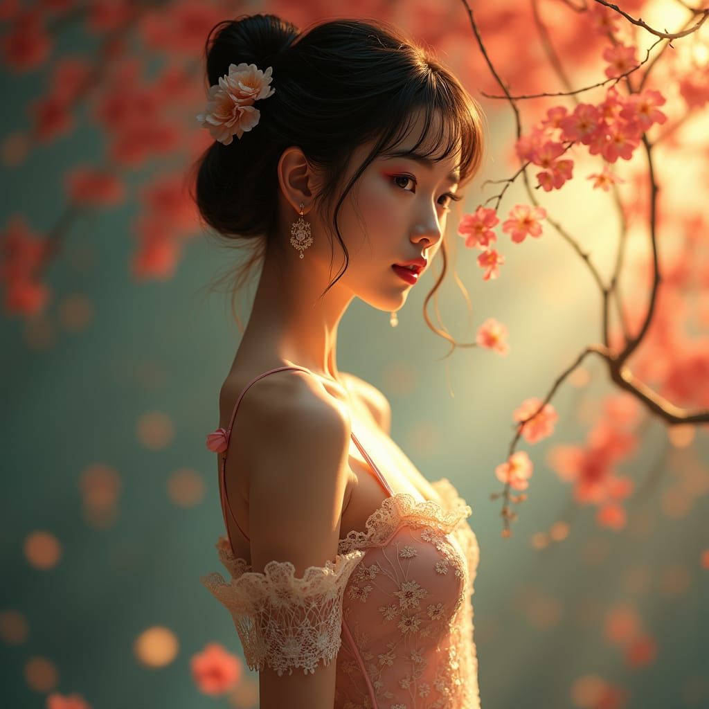 Elegant Chinese Woman in 1930s Lace Gown: Hyperrealistic Art