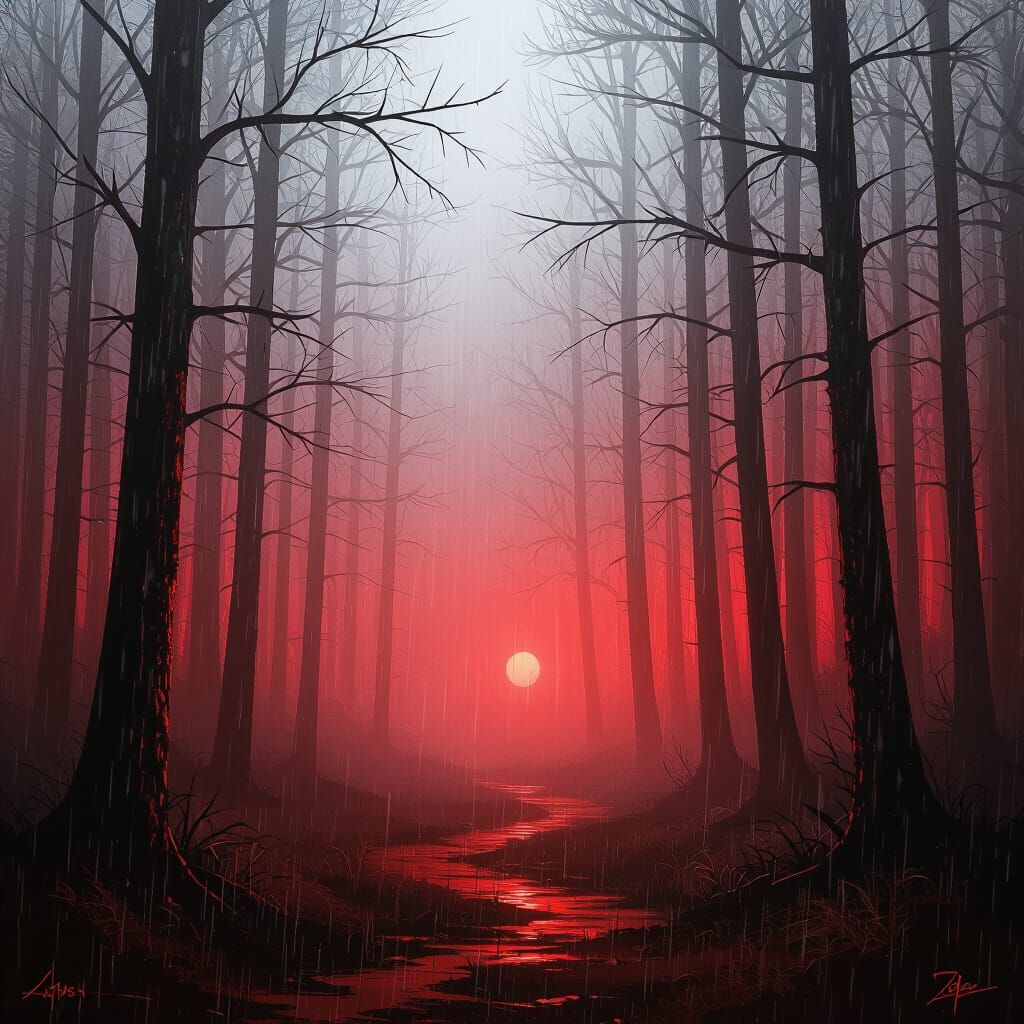 Dark Foggy Forest at Night with Red Mood and Rain