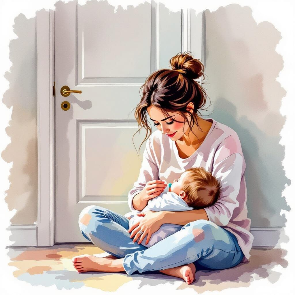 Mother and Baby in Soft Watercolor Style