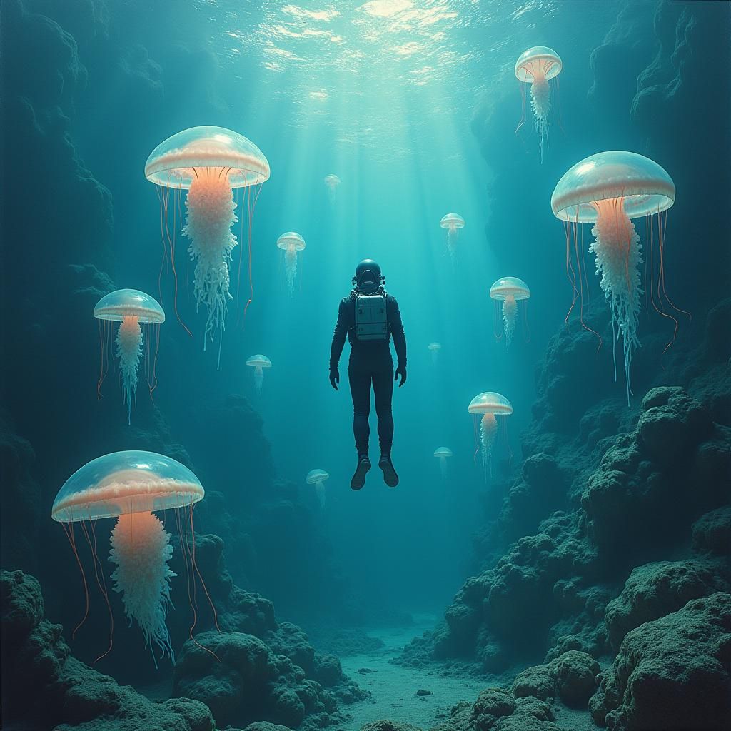 Diver Encounters Bioluminescent Aliens in Surreal Ocean