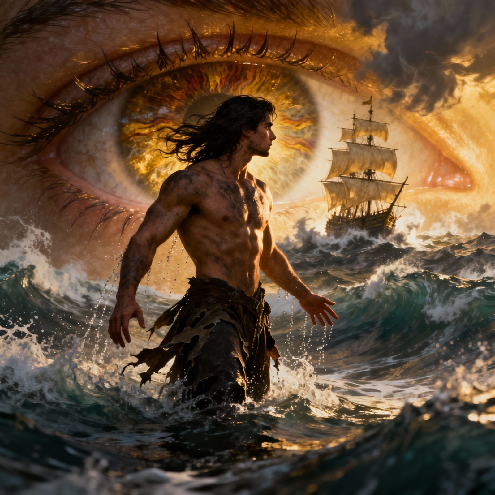 Man in Stormy Sea Within Giant Eye, Epic Fantasy Art