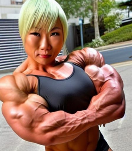Muscular Japanese Bodybuilder Flexing Arm