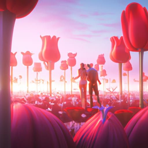 Lovers in Tulip Field: 3D Fantasy Art