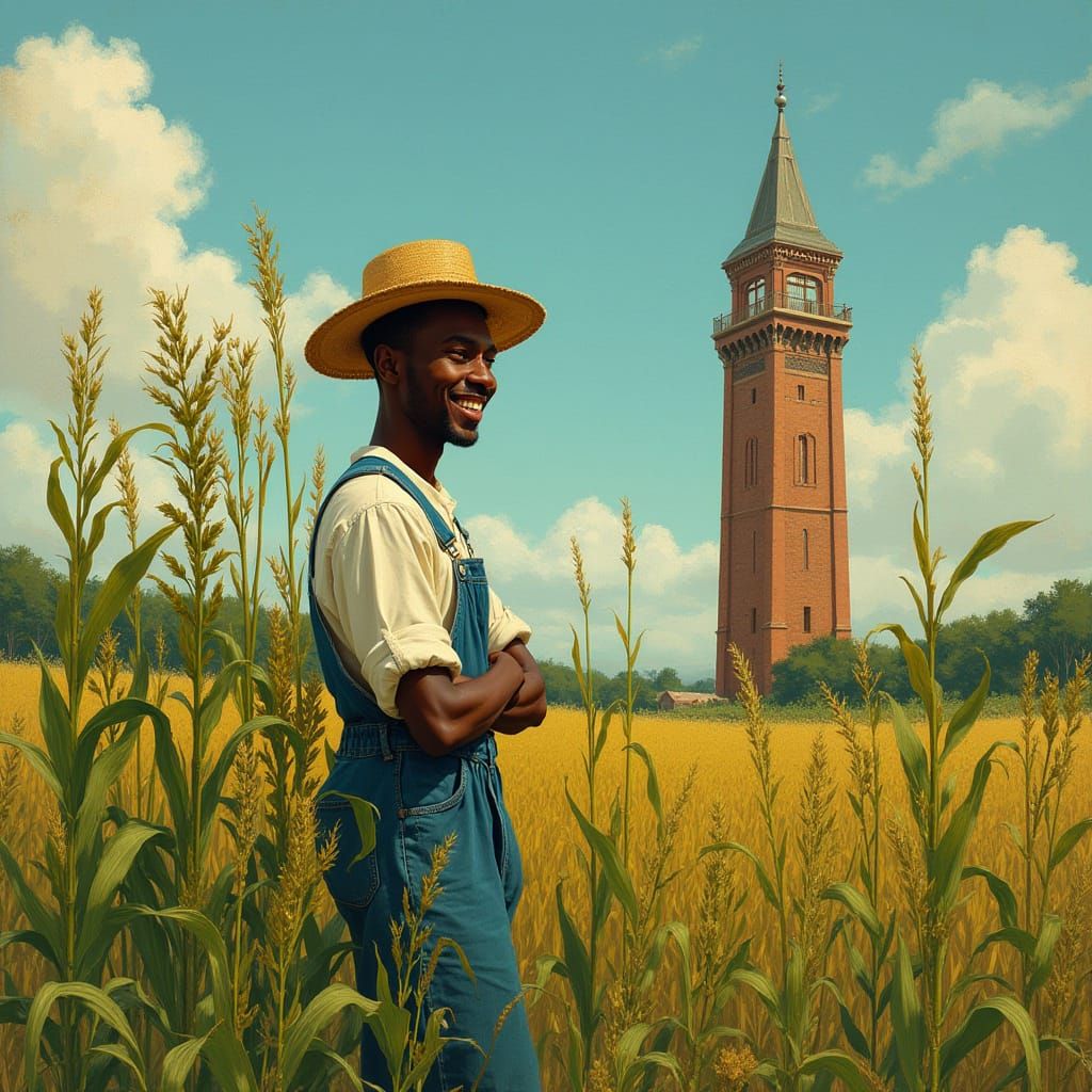 Happy Farmer in Field, Folk Art Realism