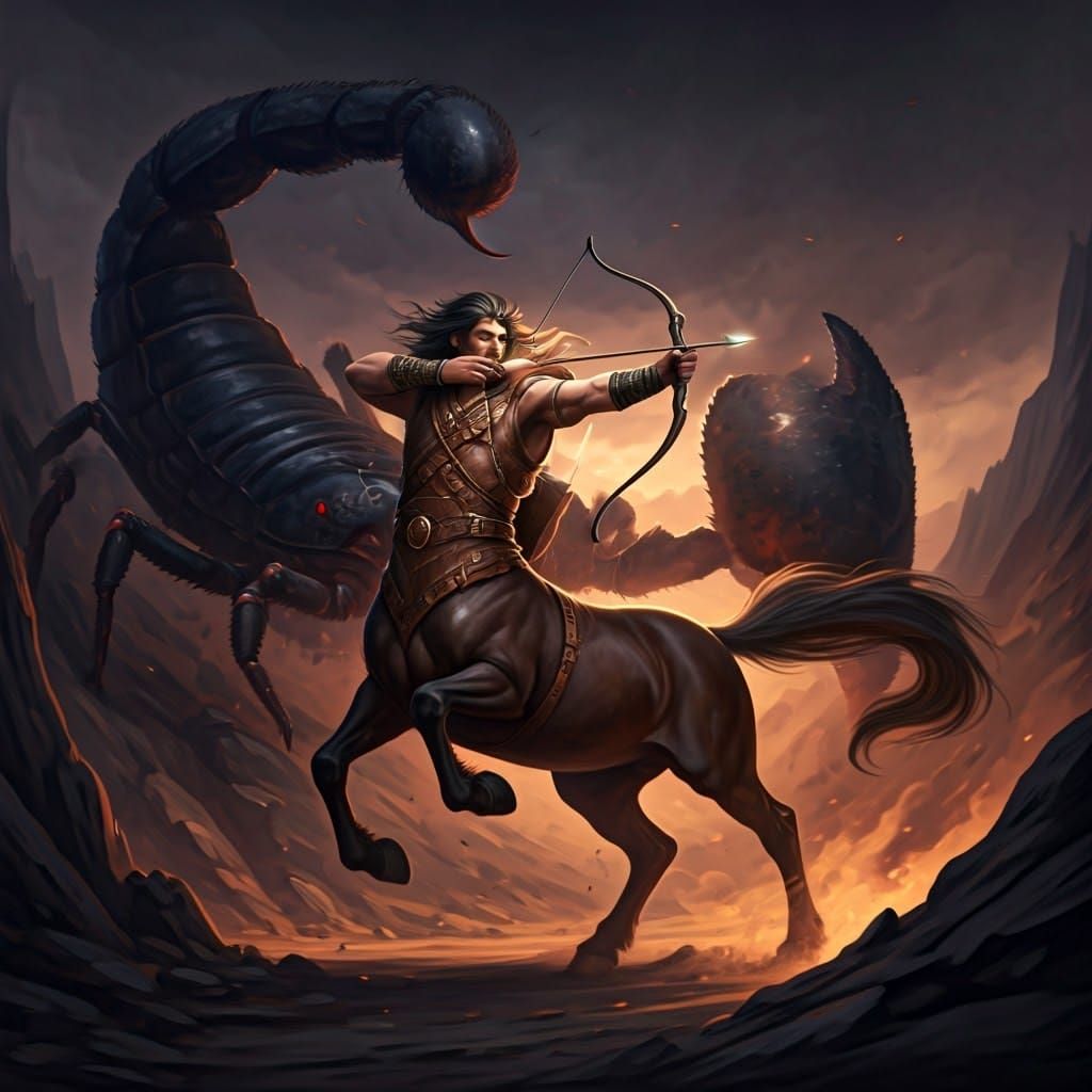 Sagittarius Centaur vs. Giant Scorpion in Fantasy Style
