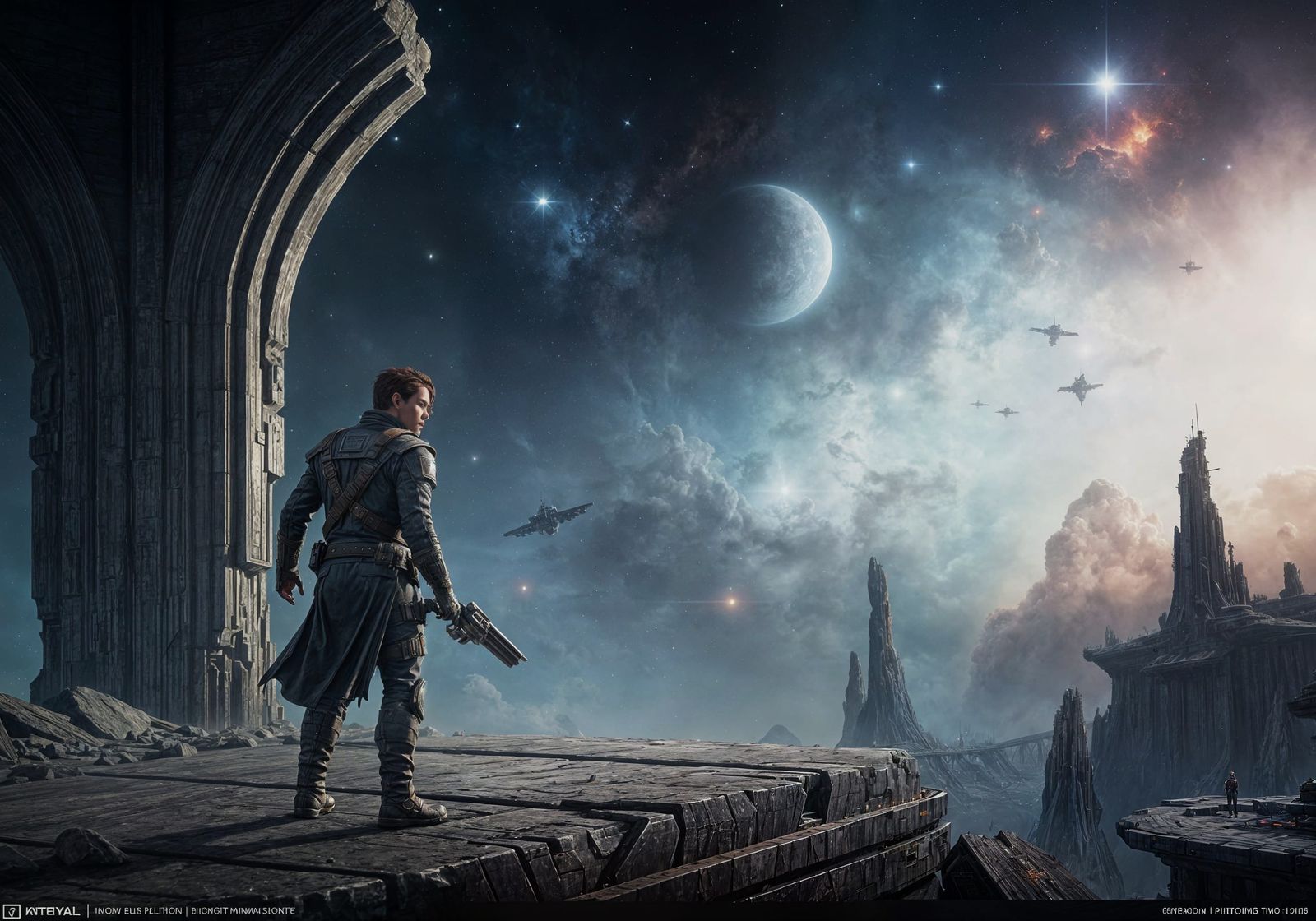 Space Pirate Captain Gazing at Nebula: Digital Matte Paintin...