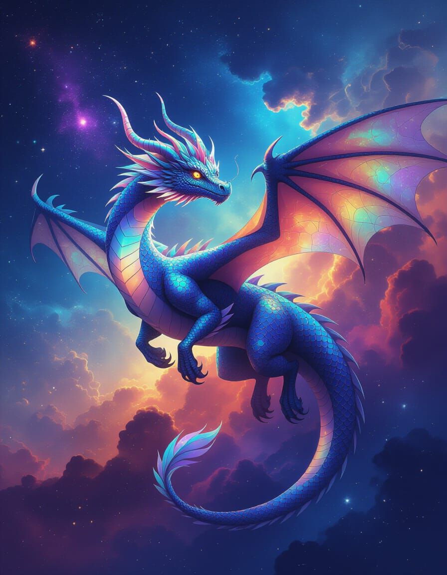 Celestial Dragon Soaring Through Vibrant Cosmic Expanse