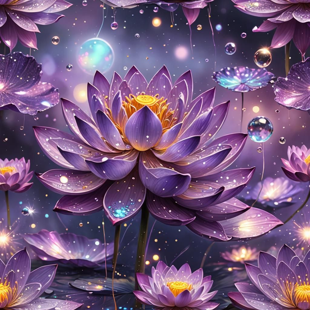 Ethereal Lotus with Glitter and Bubbles in Astral Style