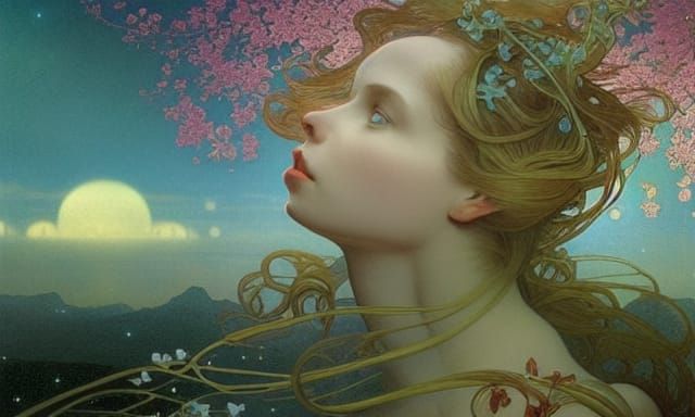 Ethereal Dreamscape: Woman Gazing at Cosmos