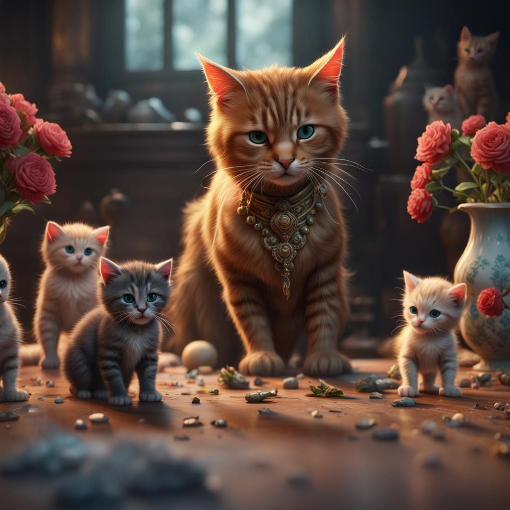 Angry Mother Cat Scolds Kittens: Fantasy Concept Art