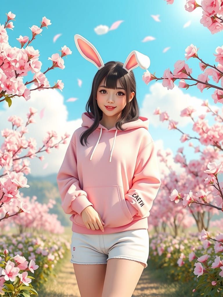 Surreal Bunny Girl in Vibrant Whimsical Garden, in Detailed....