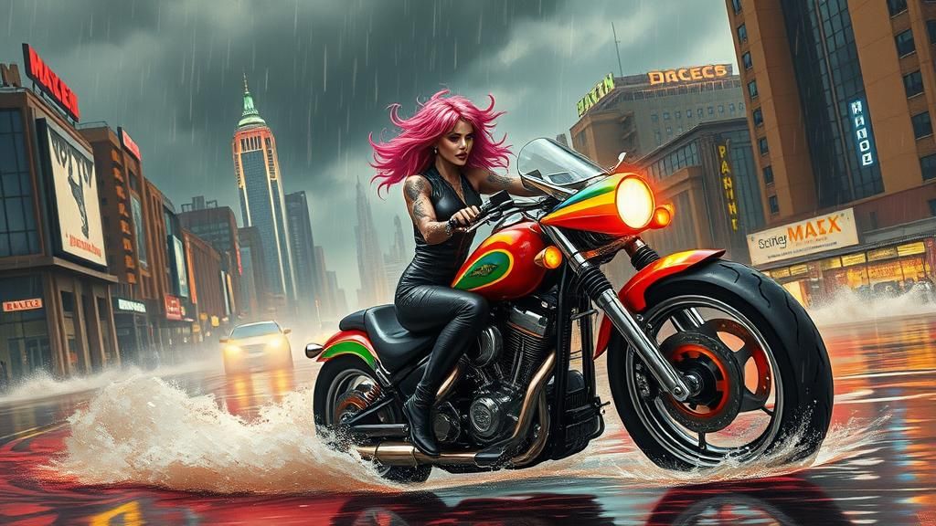 Cyberpunk Woman on Motorcycle in Flooded Cityscape