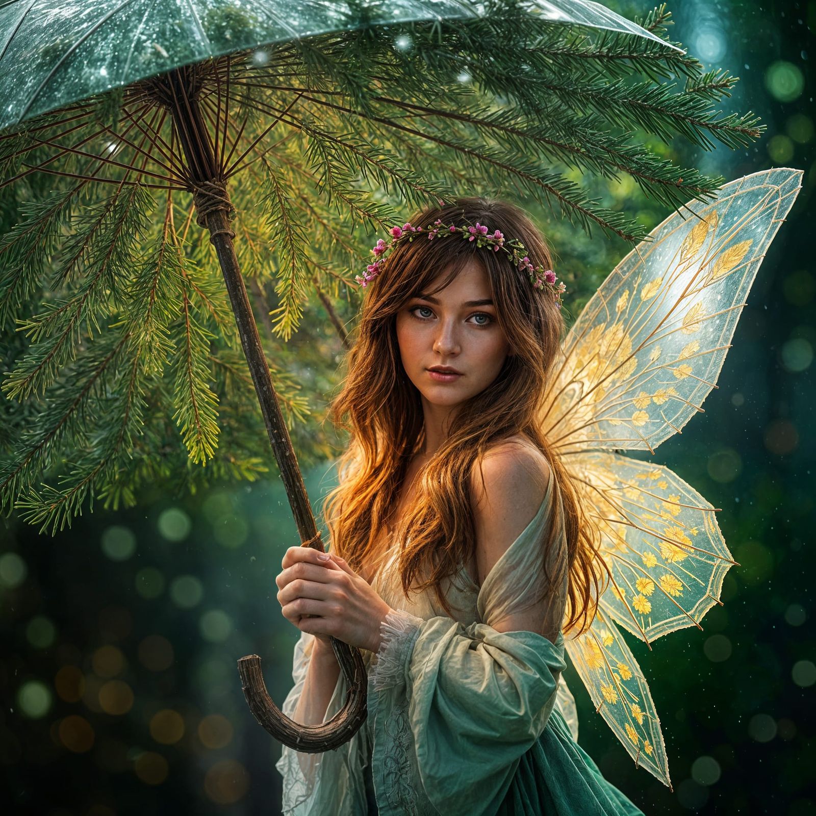 Whimsical Fairy Wields Spruce Branch Umbrella in Dramatic Mi...