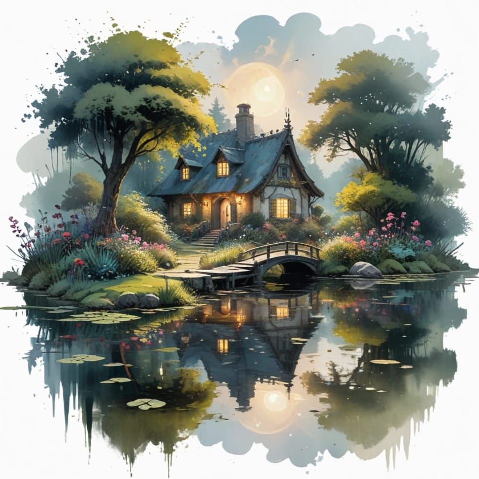 Whimsical Watercolor Garden Scene with Worn Bench and Reflec...