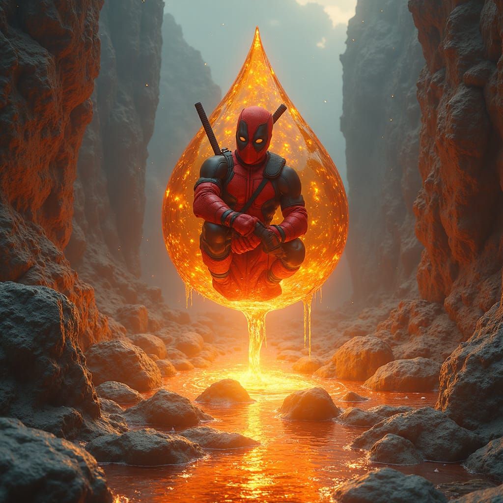 Honey Deadpool in Amber Droplet Surreal Scene