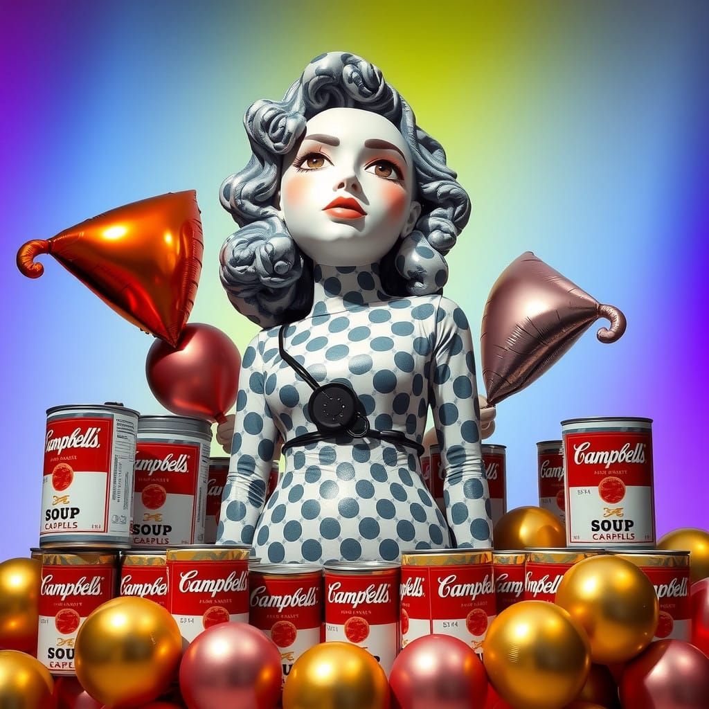 Pop Art Goddess Surrounded by Campbell's Soup Cans and Ballo...
