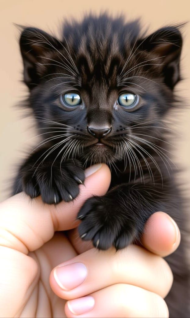 Miniature Black Panther Cub on Human Thumb