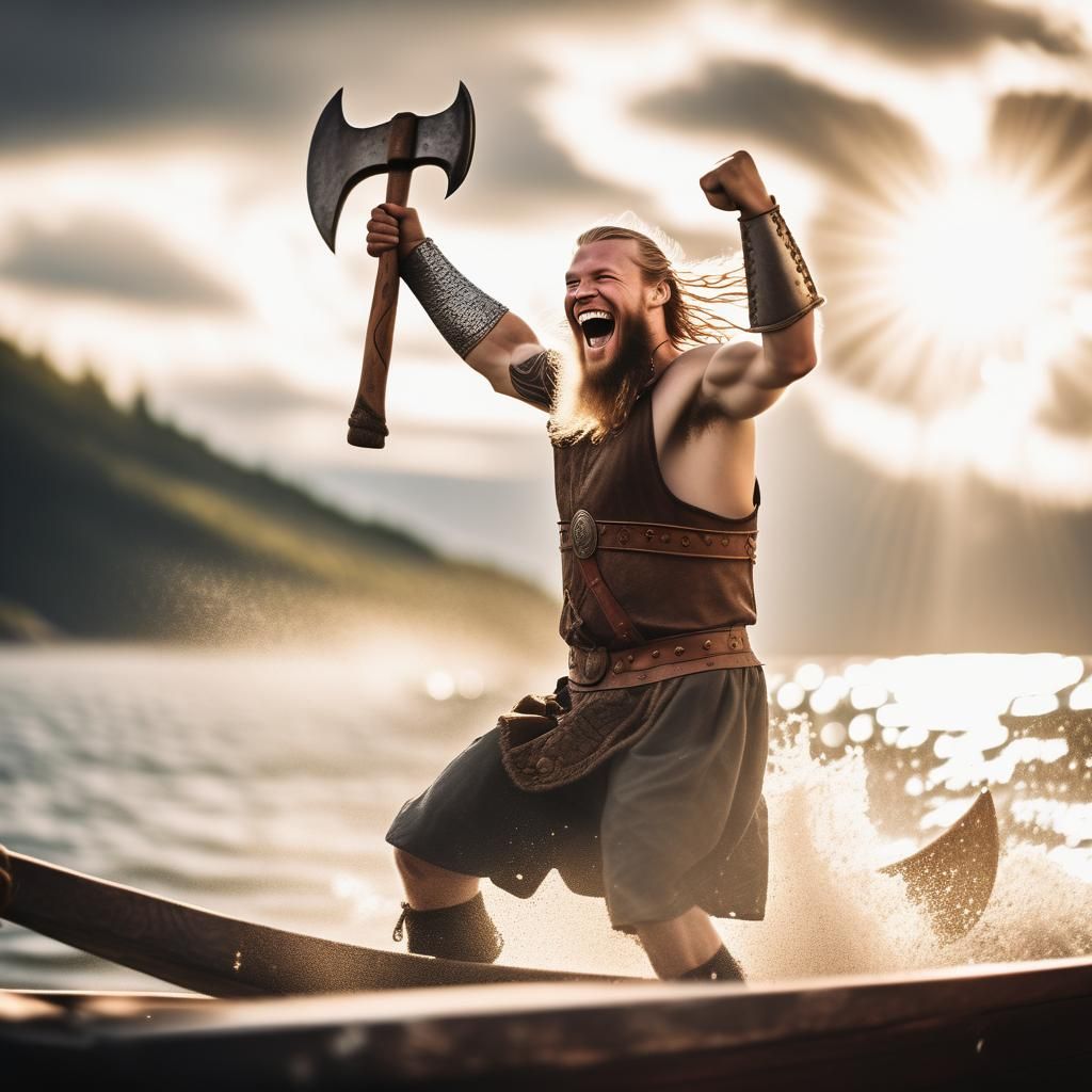 Viking Warrior Leaping from Longship with Axe