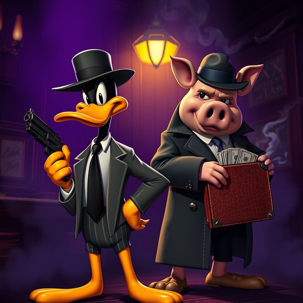 Surreal 1920s Gangster Portraits of Daffy Duck and Porky Pig...