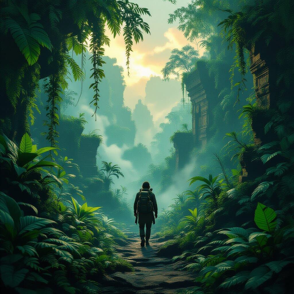 Explorer in Alien Jungle Ruins, Fantasy Concept Art