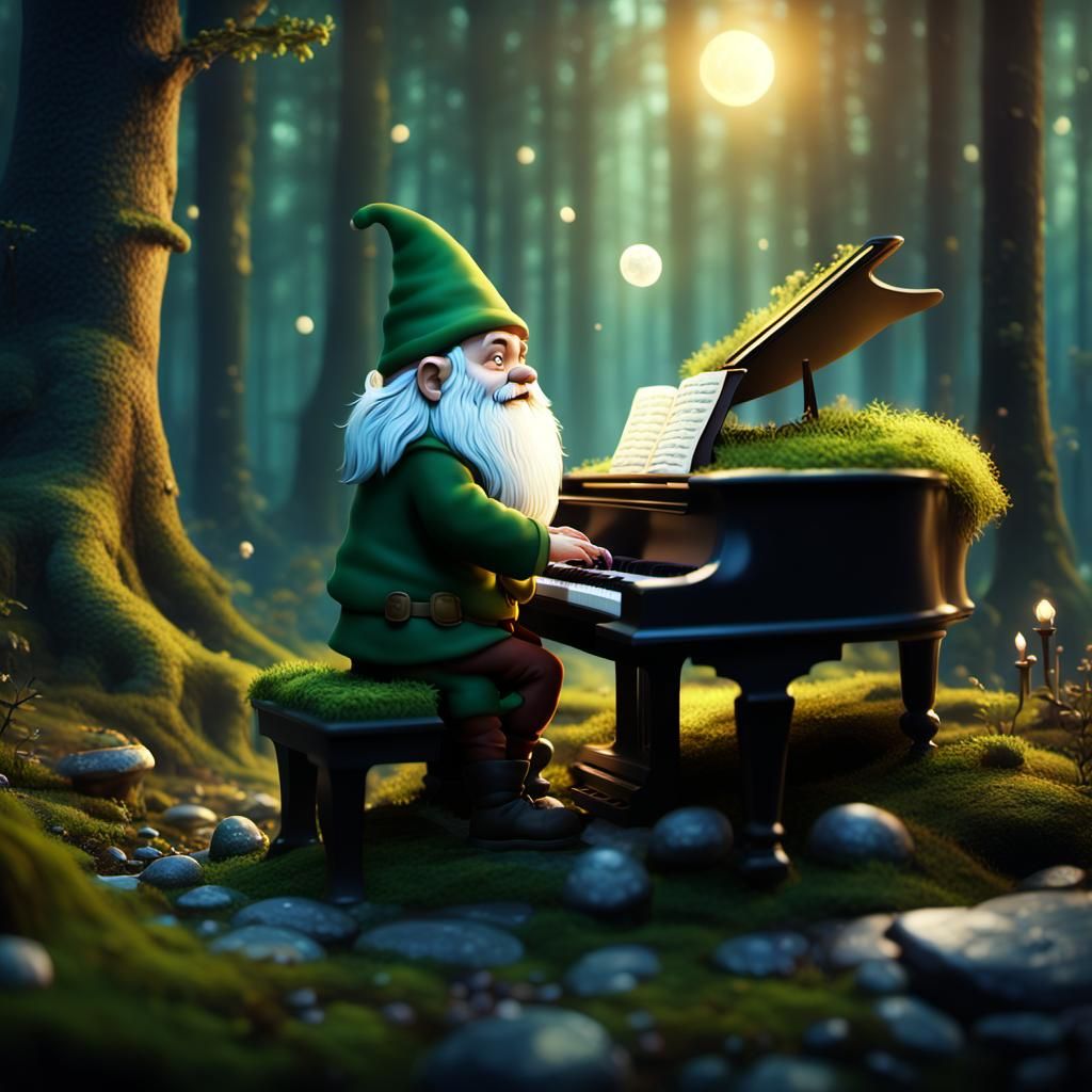 Gnome Pianist in Mystical Forest at Twilight