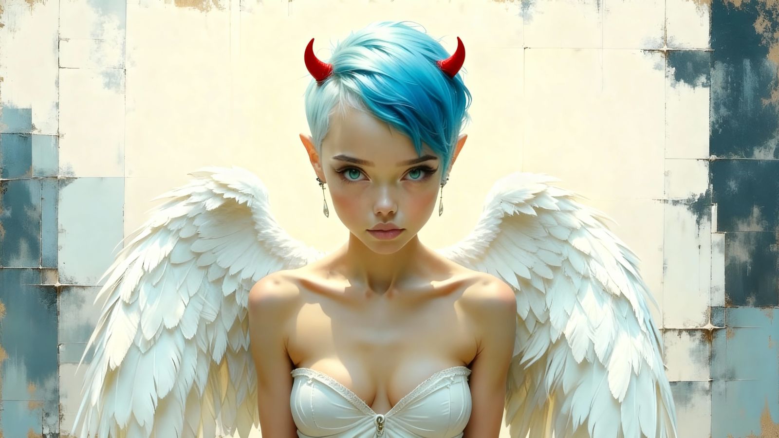 Angel with Blue Hair and White Wings in Dynamic Pose