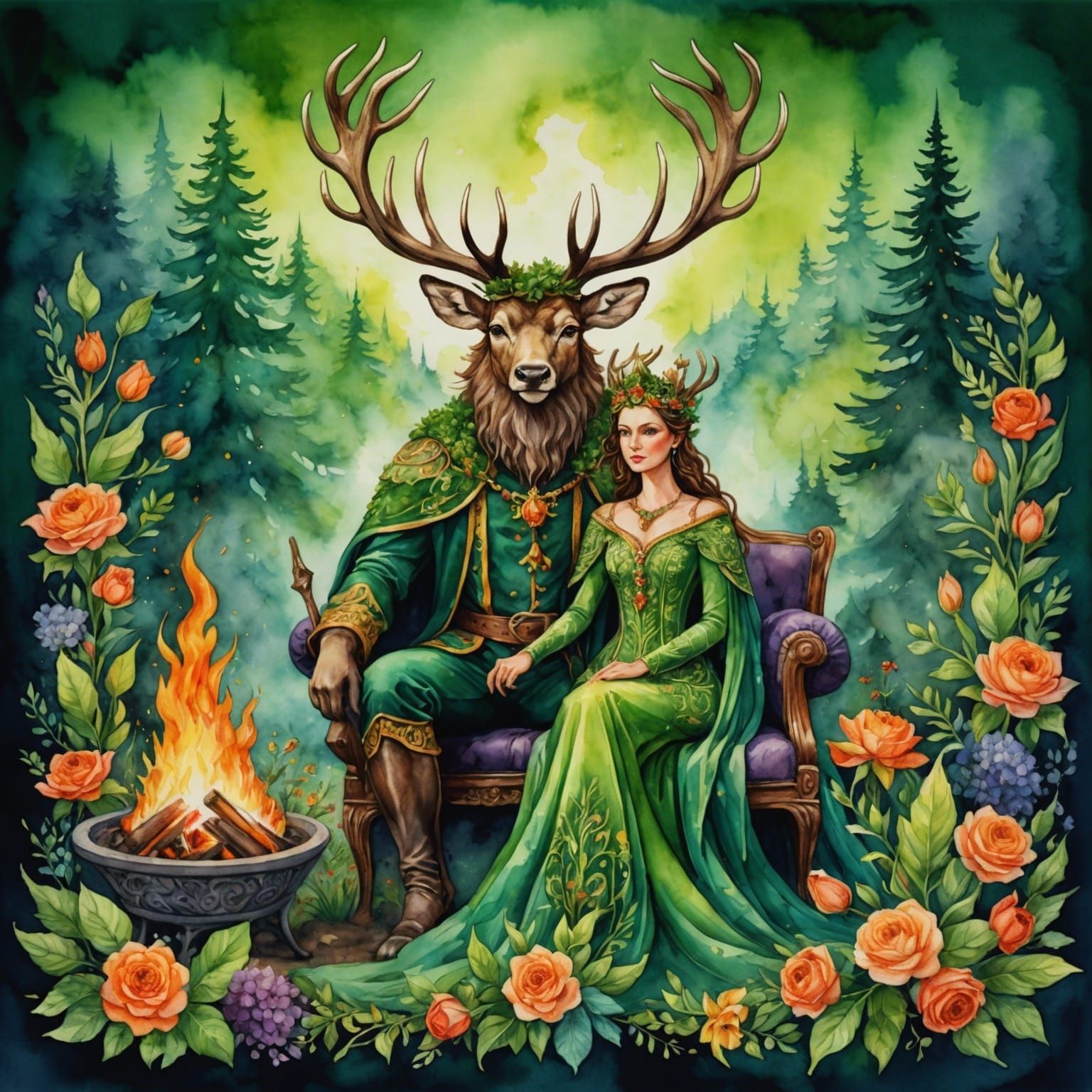 Anthropomorphic Stag King and Goddess Aquarelle Painting