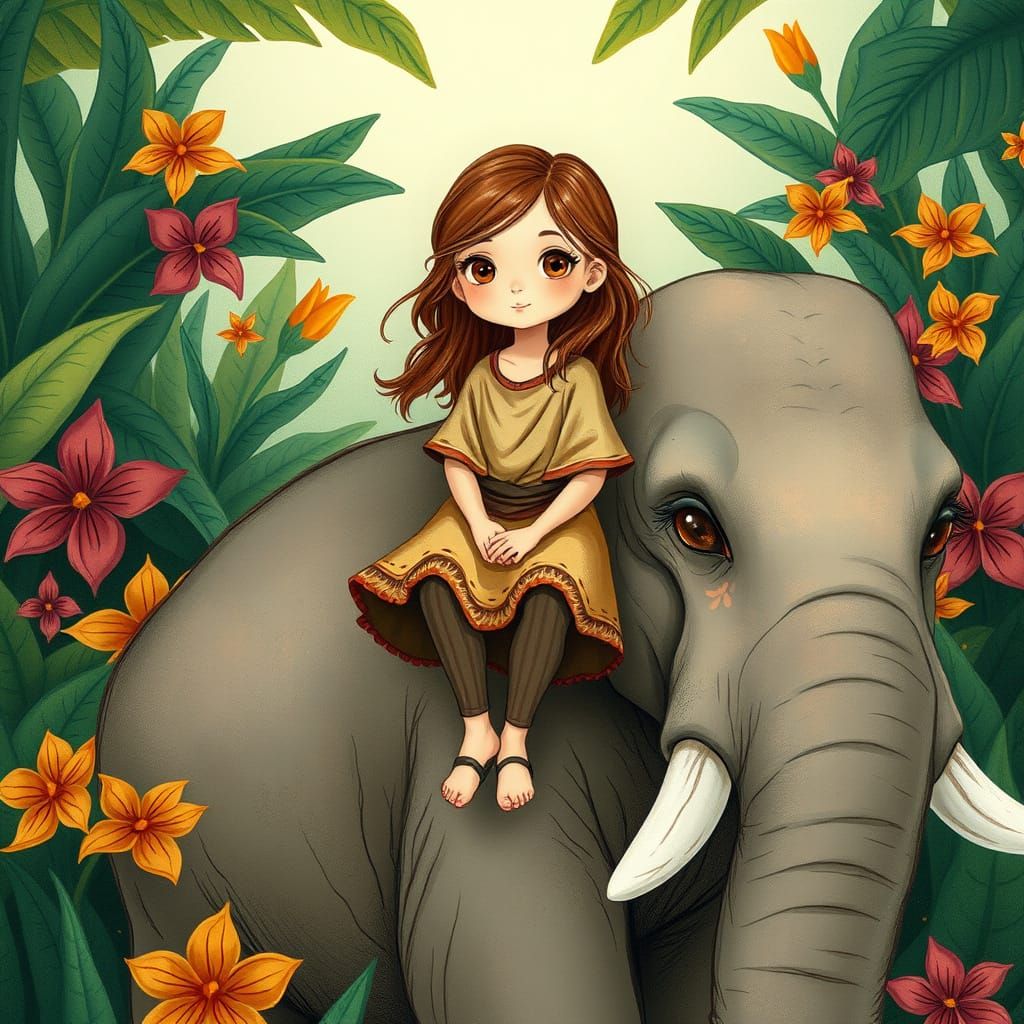 Whimsical Elephant Girl in Dreamy Tropical Landscape