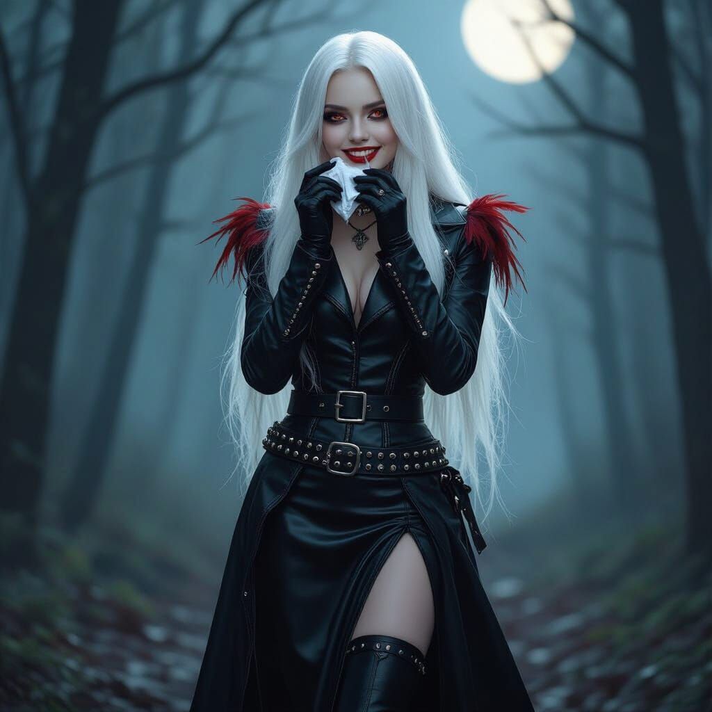 Vampire Girl in Leather Jacket with Feathers