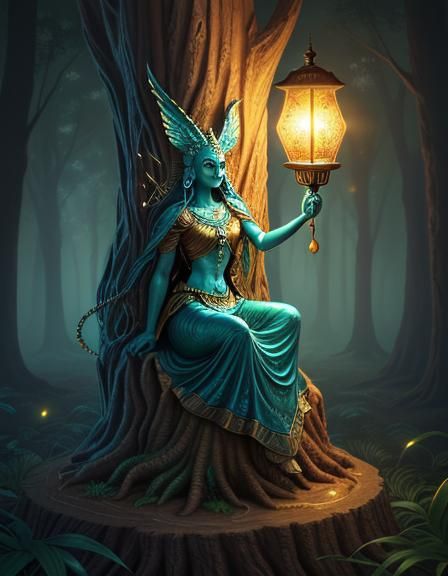 Mythological Creature Lamp on Tree in Golden Hour