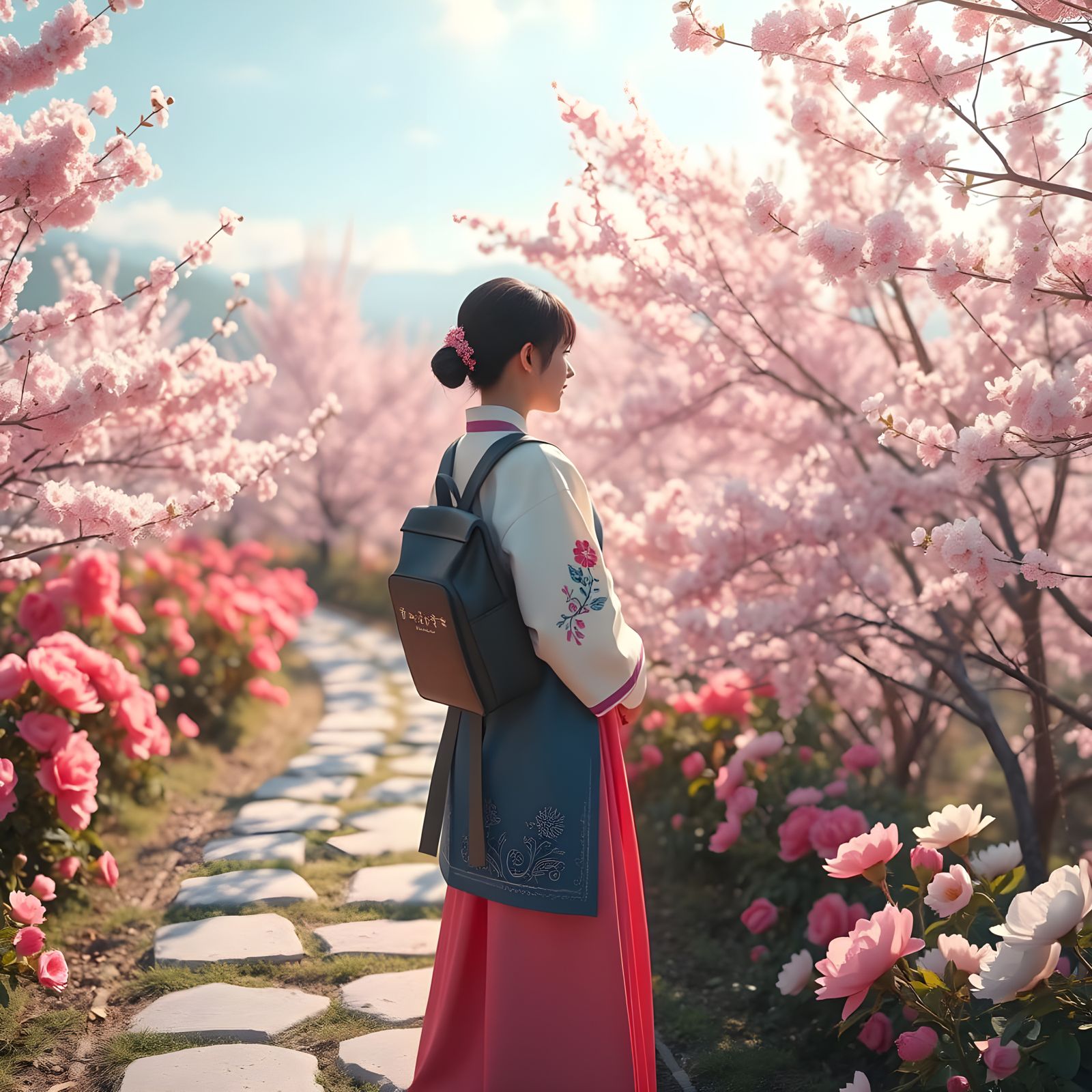 Korean Schoolgirl Stares at Vibrant Spring Blooms in a Fanta...