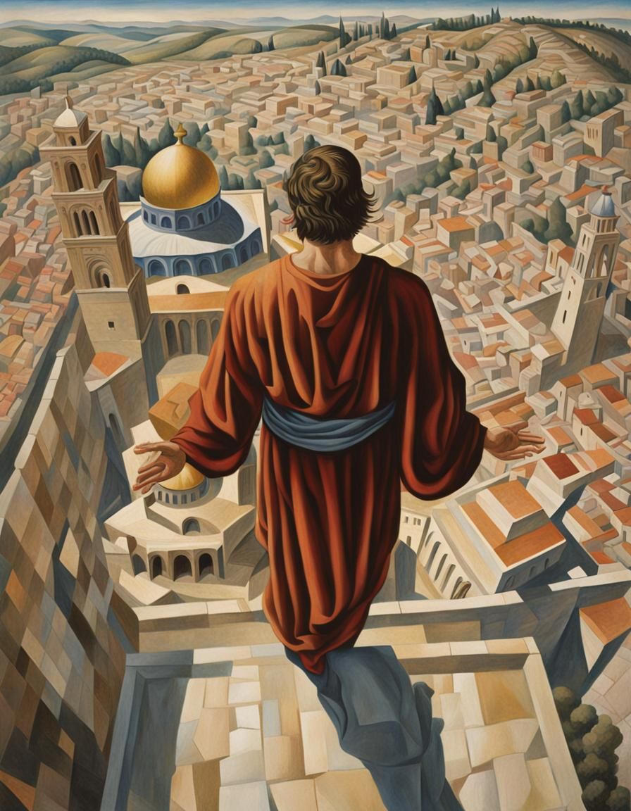 Style of Stanley Spencer, Dizzying overhead perspective, Jesus standing on the pinnacle of the temple in Jerusalem